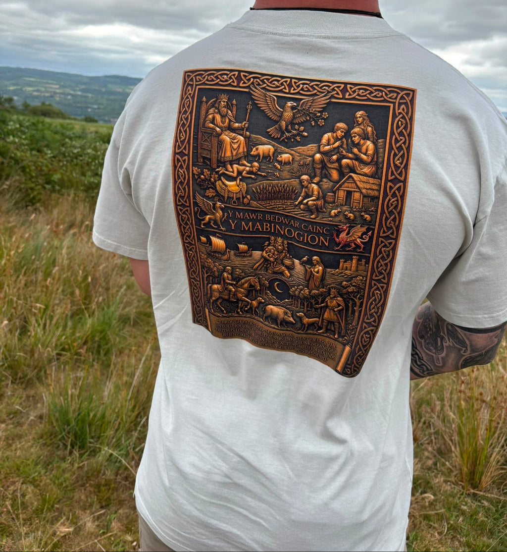Welsh Celtic Mythology: The Tapestry of the Mabinogi: The Ultimate Premium Heavyweight Graphic Tee With Left Sleeve Symbol