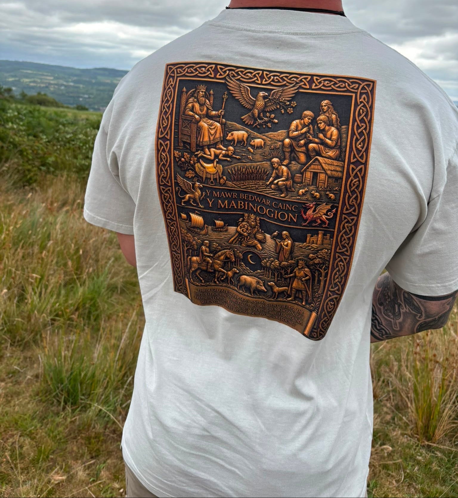 Welsh Celtic Mythology: The Tapestry of the Mabinogi: The Ultimate Premium Heavyweight Graphic Tee With Left Sleeve Symbol