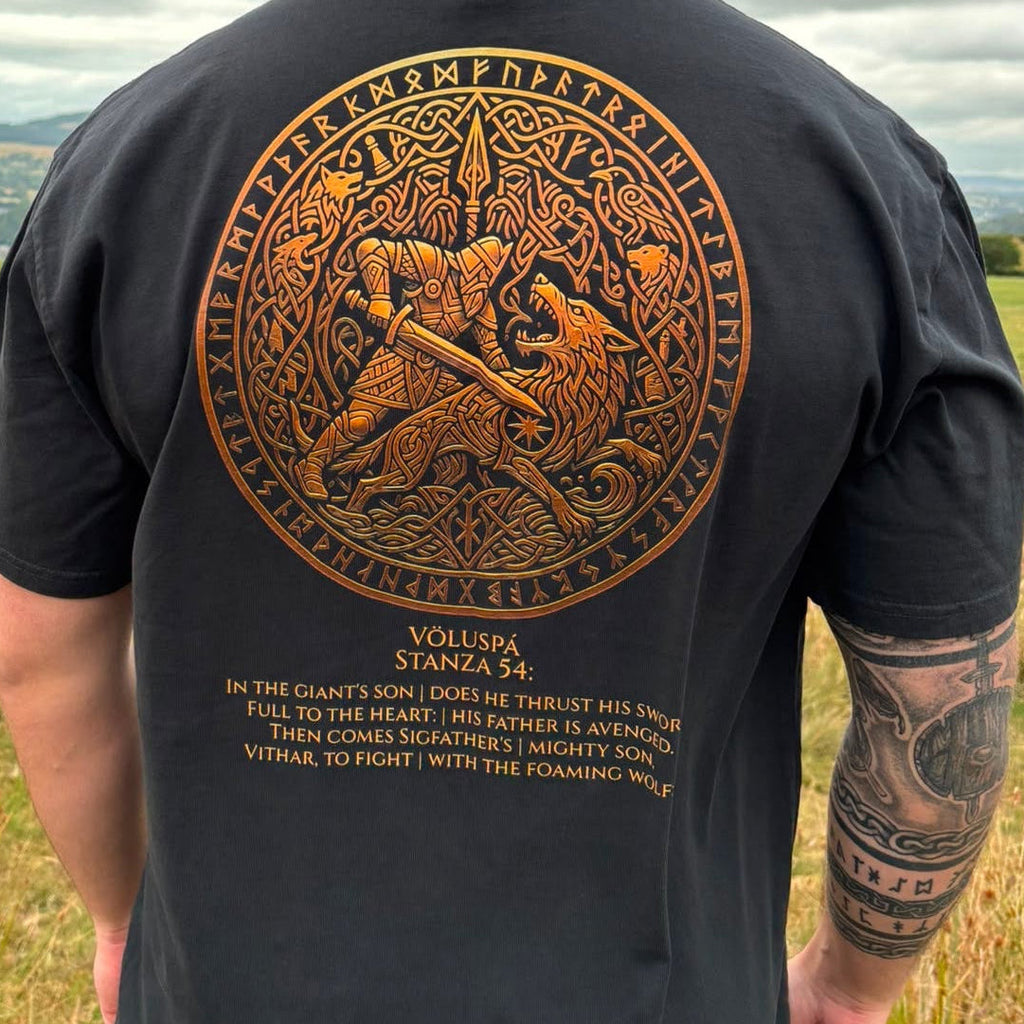 Norse Mythology: VÖLUSPÁ: Stanza 54 "The Vengeance of Víðarr" Heavyweight Graphic Tee – Antique Bronze